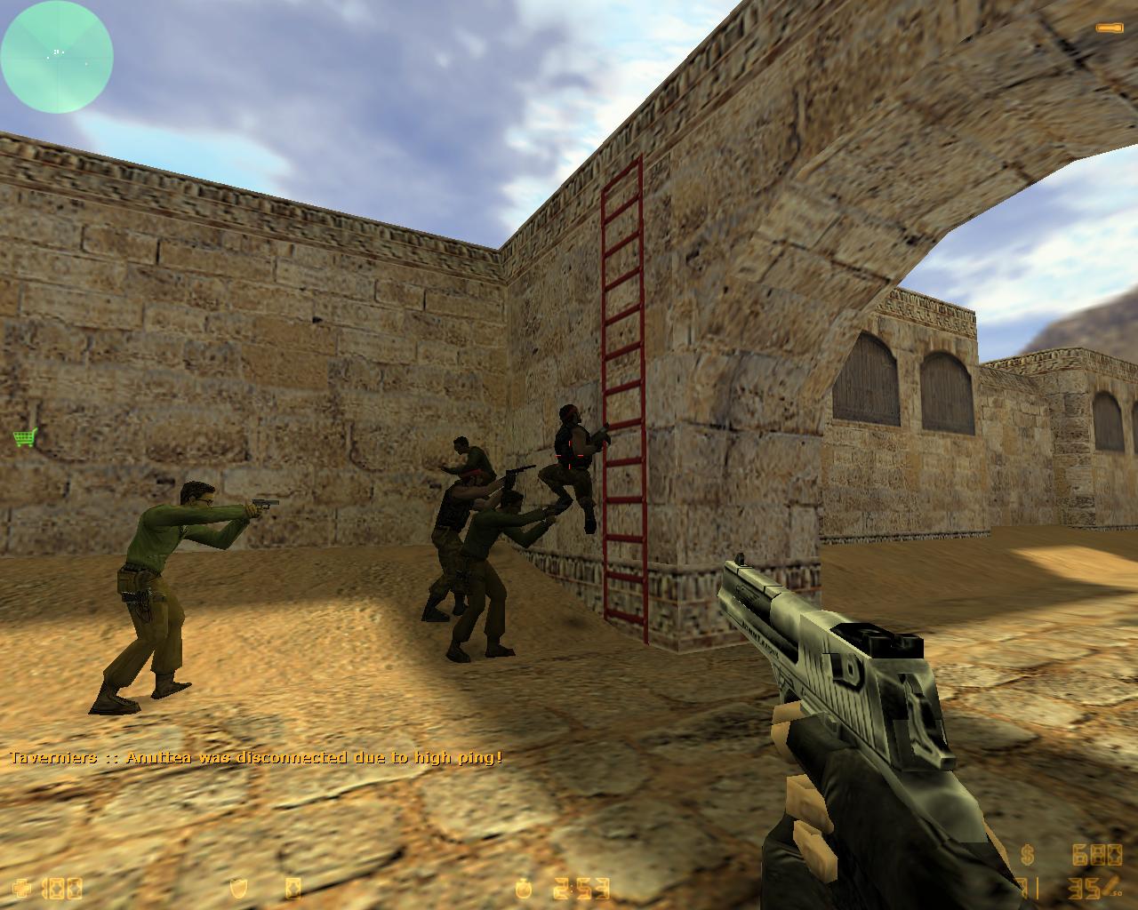 Screen-Shot of CS 1.6 gameplay, action in terrorists base at de_dust2 map - Deceitful ladder spray. You can Download Counter Strike game by clicking direct link which is on our website.