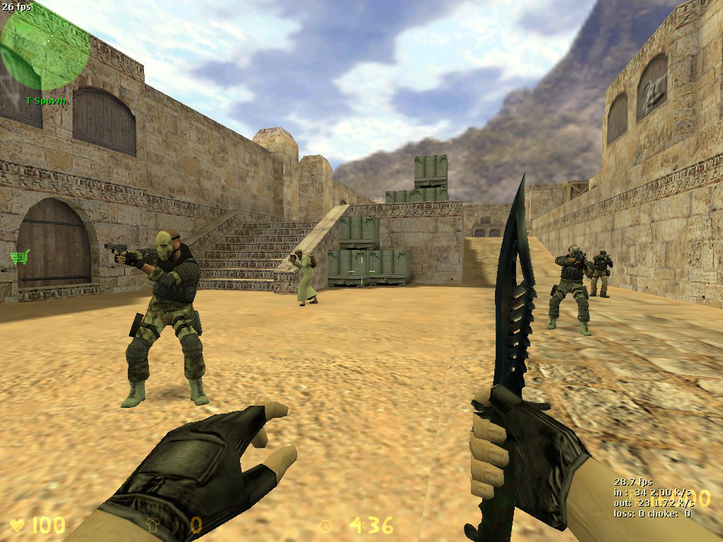 DE_DUST map - Terrorists base. This screen-shot shows how seems modified skins (models) of players and guns.